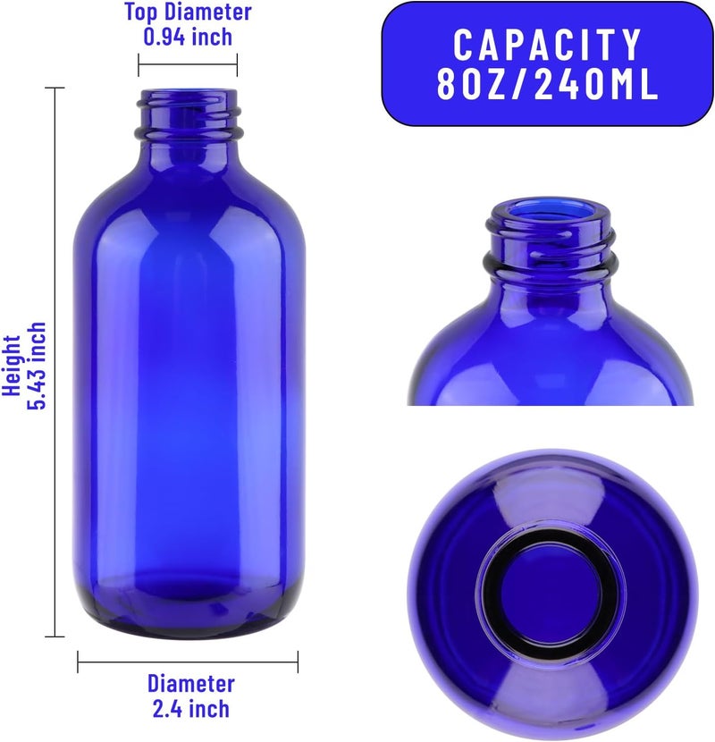 PINIWON 12 Pack 8 oz Cobalt Blue Glass Bottles, 240ml Boston Round Sample Bottles with Black Poly Cone Caps, Labels and Funnels - Image 2